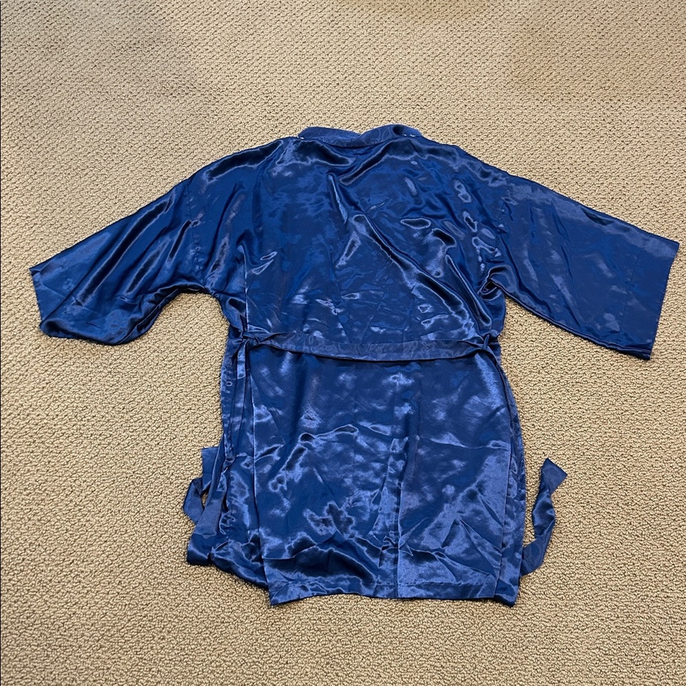 Vintage California Dynasty 2-pc Lingerie & Robe Set Large Navy Blue Lace Satin - Picture 13 of 17
